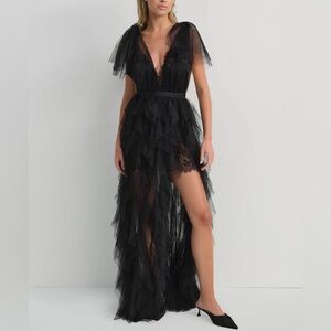 $489 NWT Black For Love And Lemons “Maxine” Tulle Maxi Dress Sz Large